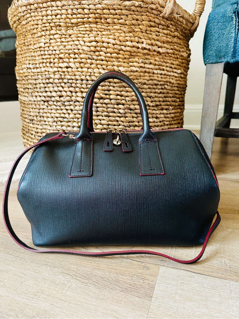 Furla Vintage Black Satchel with Red Trim and Gold Hardware - EUC!